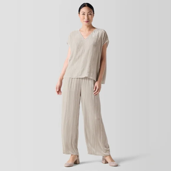 NWT Eileen Fisher Crushed Velvet Wide Leg Pant: Almond Color: Size- Large - Picture 5 of 10